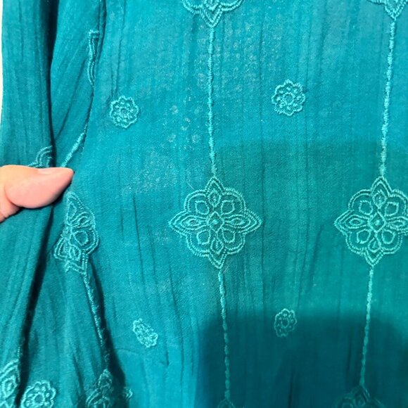 Chico's Cotton Blend Embroidered Teal Button Front Long Sleeve Tunic Top - Picture 6 of 10